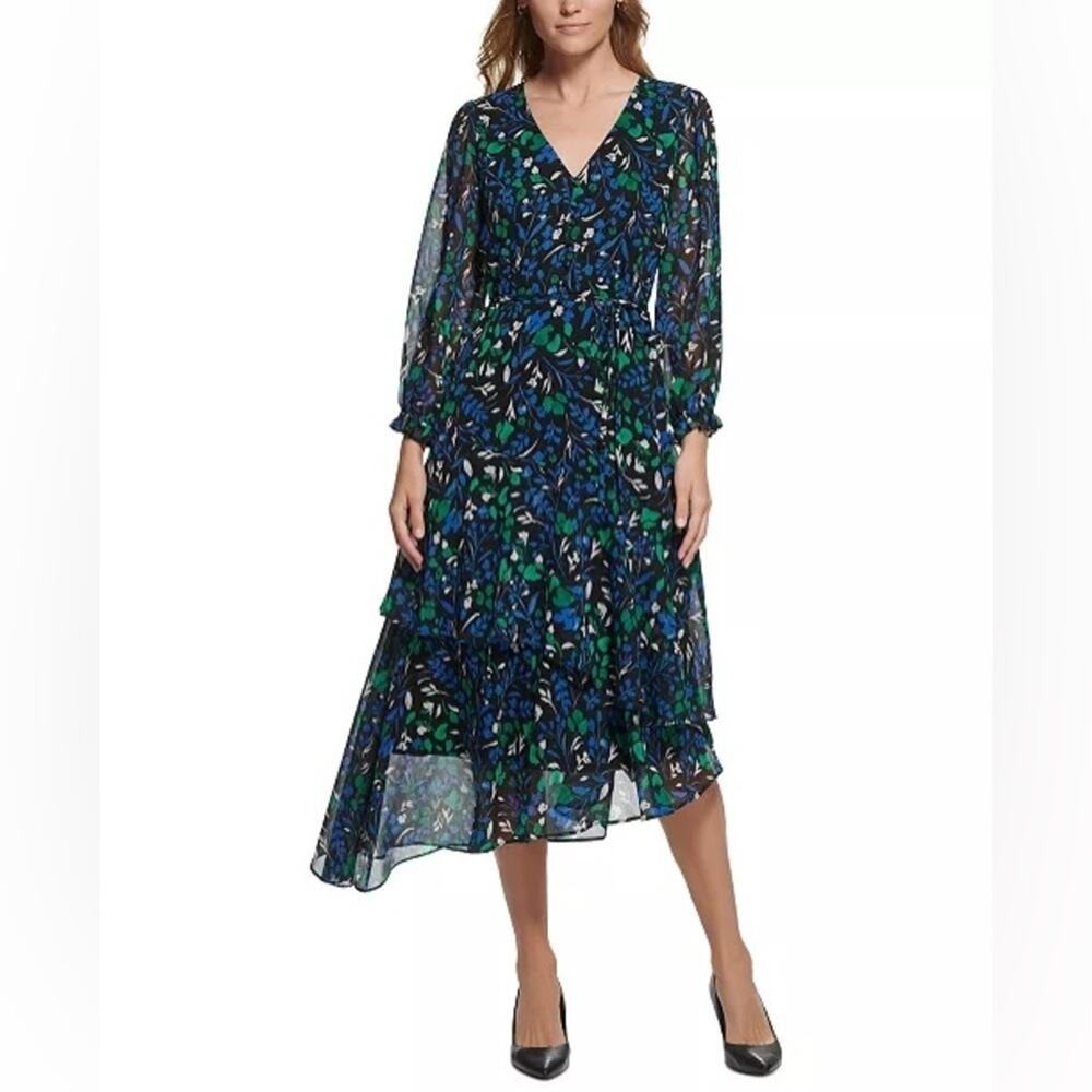 Karl Lagerfeld Floral Long Sleeve Dress Size 0 Summer Resort Chic Chiffon